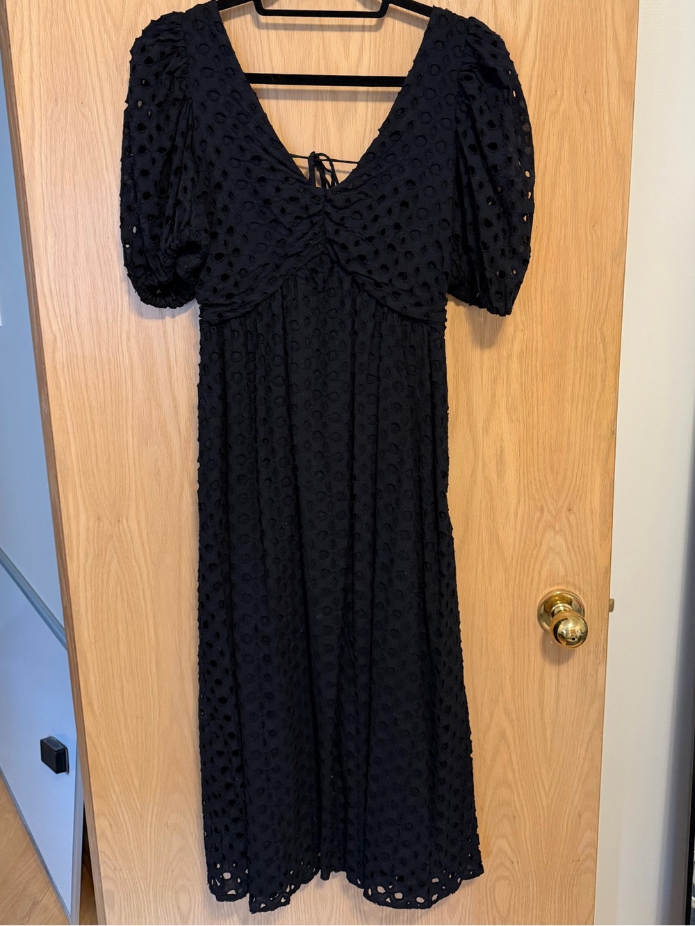OAK + FORT Black Eyelet Midi Dress with Puff Sleeves